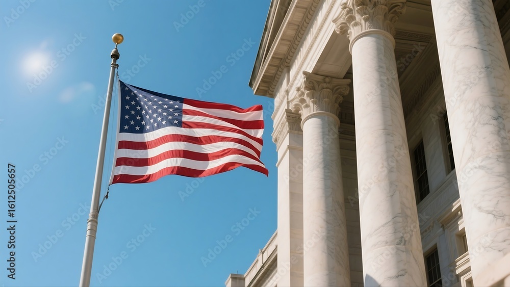 Fototapeta premium USA flag fluttering on historical government building