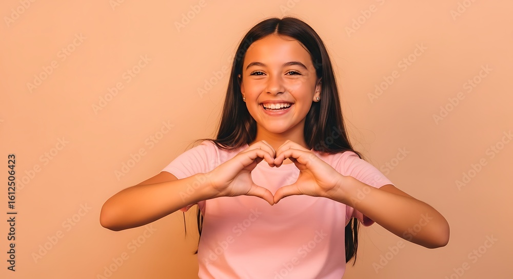 Obraz premium Happy girl makes a heart with her hands, sharing love and spreading joy.