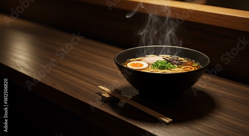 Steaming bowl of ramen with egg, pork, and scallions, served with chopsticks on a dark wooden counter.