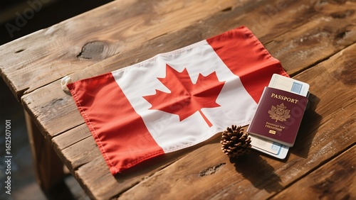 Canadian travel and immigration concept. A flat lay of a national flag, passport, and pinecone on a rustic wooden table.