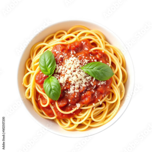 Spaghetti with tomato sauce parmesan cheese and basil leaves in white bowl on black background top view