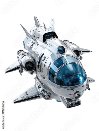 Cosmic Voyager: A futuristic, silver spaceship soars into the cosmos, exuding a sense of advanced technology and the allure of space exploration.