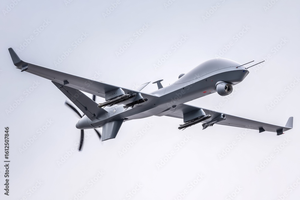 Gray drone in flight, military aircraft Gray drone in flight, military aircraft
