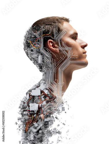 Mind-Tech Fusion: A striking image of a man whose form seamlessly merges with technological components, a visual metaphor for the complex interconnection of the human mind and technology. 