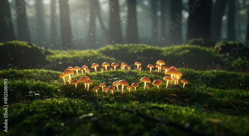 A circle of glowing mushrooms grows on a mossy forest floor, illuminated by dappled sunlight filtering through the trees.