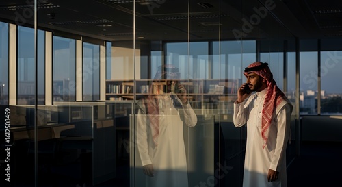 Wallpaper Mural A businessman in traditional Middle Eastern attire makes a phone call while standing in a modern glass , sunlight streaming in. Torontodigital.ca