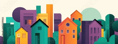 A vibrant cityscape illustration features a variety of colorful houses and buildings, set against a backdrop of stylized trees and circles.  The scene evokes a sense of community and urban living