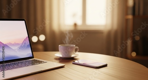 Cozy Home Office Setup with Laptop Hot Coffee and Smartphone on Wooden Table