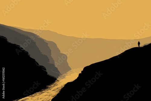 Wallpaper Mural A man standing confidently on the edge of a cliff, gazing out at a serene river below, symbolizing courage and determination. Torontodigital.ca