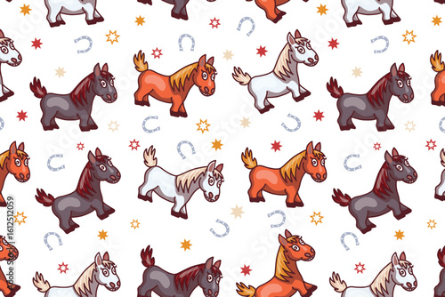 Seamless pattern with colored cartoon style horses, and horseshoes and stars on backgrond, little horse sample for children