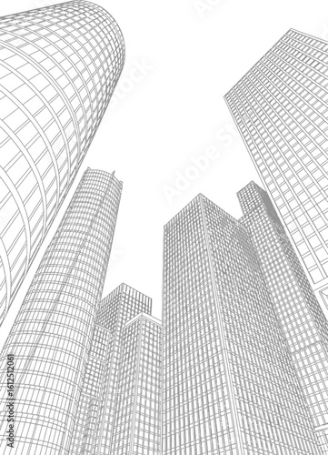 Modern architectural drawing of towering skyscrapers viewed from below against a stark white background