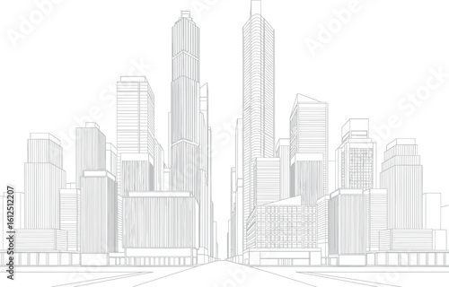 Architectural sketch of a modern city skyline featuring numerous tall skyscrapers and buildings rendered in a clean linear style