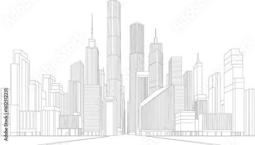 Detailed architectural sketch of a modern city skyline featuring numerous skyscrapers and tall buildings against a white background