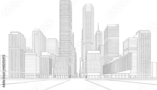 Detailed architectural sketch of a modern city skyline with towering skyscrapers and geometric building designs