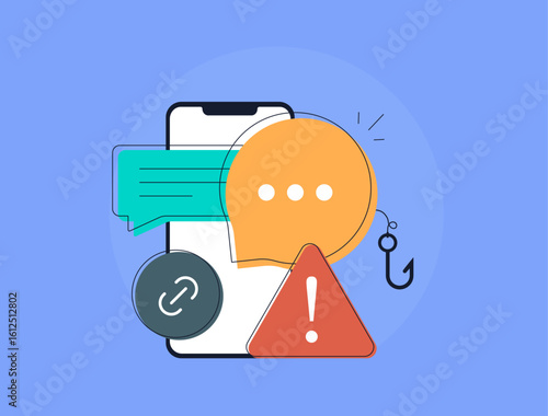 Smishing alert icon in group chat with fake SMS or messenger links. Warning about phishing link risks and spam link in chat groups. Smishing attack scenarios in mobile messaging vector illustration