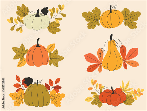 A charming collection of hand-drawn autumn pumpkin and gourd arrangements with colorful fall leaves. This set of seasonal harvest illustrations is ideal for festive designs.