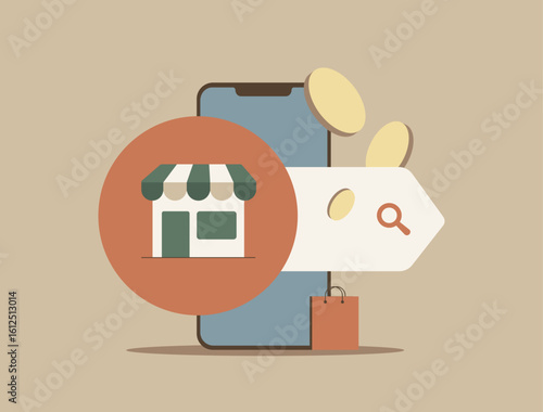 Marketplace app with clean interface, seller dashboard, product listings, reviews, advanced filters and mobile compatibility for online sales. Marketplace app design vector illustration with icons