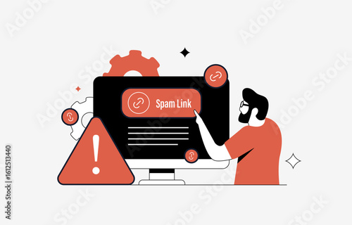 Spam link alert with broken chain, phishing link warning. SEO danger from spam link tactics and spammy links, harmful backlink strategy and low-quality backlinks. Modern vector illustration