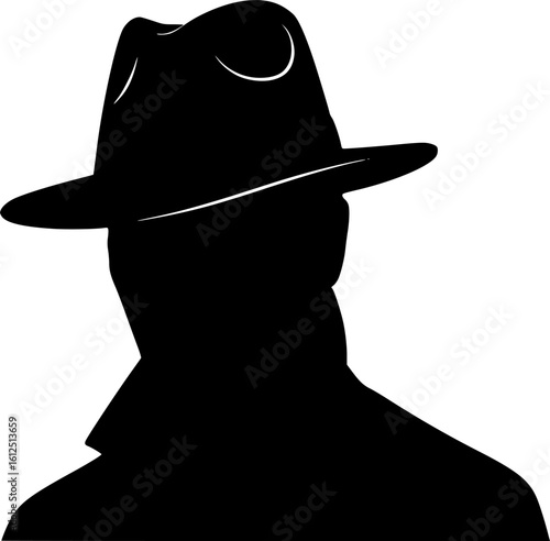 Mysterious Figure in Fedora: A stark black and white silhouette of a man in a fedora, symbolizing mystery, intrigue, and anonymity. The image is simple yet powerful. 