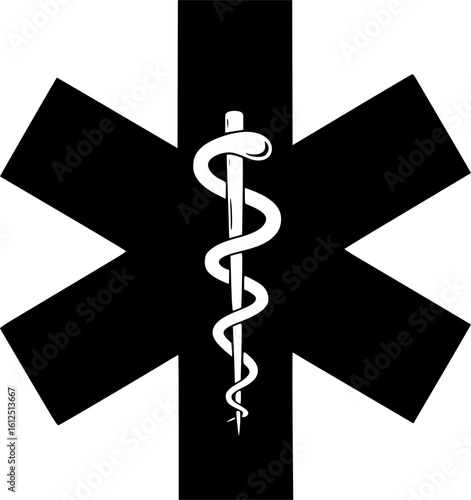 Star of Life Medical Symbol: A stark black and white illustration of the Star of Life, a globally recognized symbol for emergency medical services, featuring the Rod of Asclepius at its center.