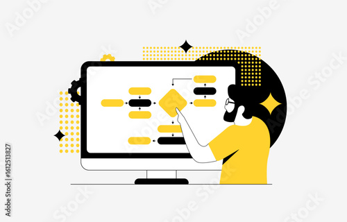 Workflow automation with user-friendly interface, drag and drop logic builder. Workflow automation process mapping, visual development tools and task optimization concept. Vector illustration