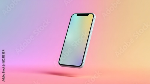 A modern smartphone floats against a vibrant, colorful background