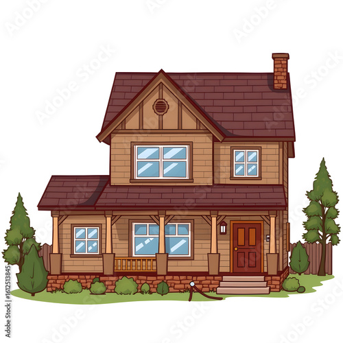 A large brown house with a porch and a chimney