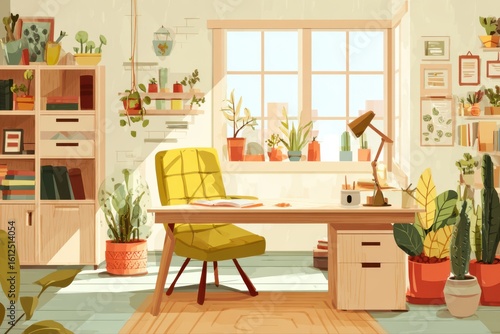 A cozy home office featuring a desk, chair, and vibrant green plants creating a refreshing and productive work environment.