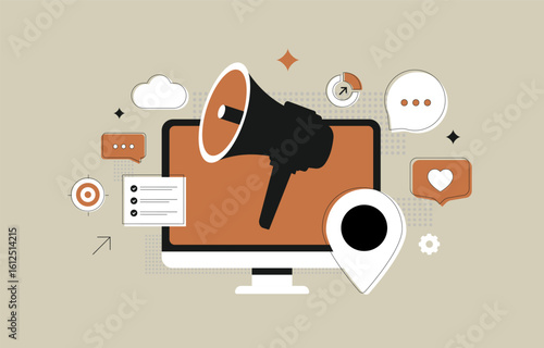 Digital marketing strategy with megaphone, audience targeting, content promotion and online advertising. Digital marketing strategy - social media campaign elements on screen. Vector illustration