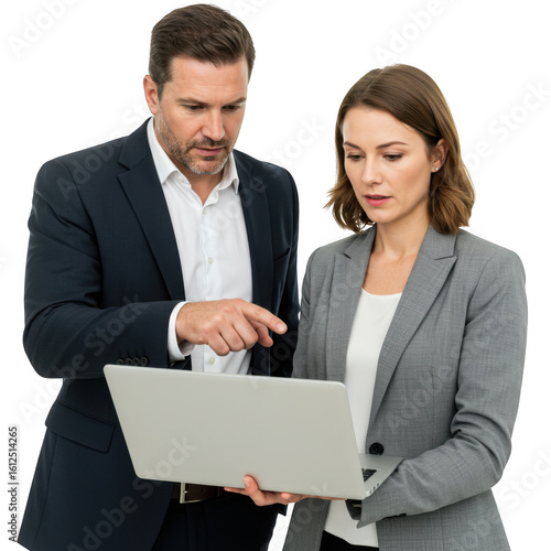 Business colleagues working together using laptop isolated on transparent background