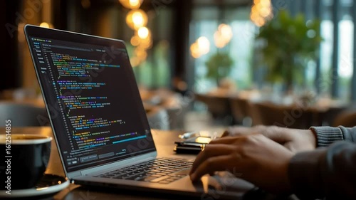 Coding Session with Laptop and Coffee on Table in Cozy Cafe Atmosphere with ai generated