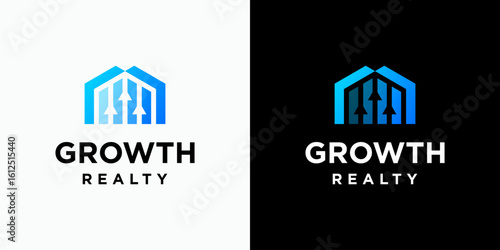 Vector logo design of house and arrow shape growth chart with modern, simple, clean and abstract style. Icons for business, finance, real estate and personal branding.