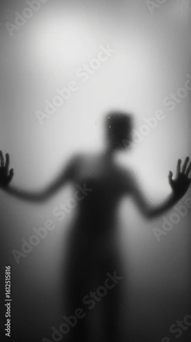 Silhouette of person behind frosted glass with hands raised, black and white horror concept, mysterious and eerie mood, ideal for thriller, Halloween, or suspense themes