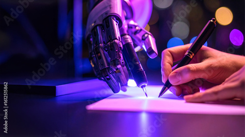 A human hand and a robotic hand hold pens, seemingly writing together on a brightly lit surface. Symbolizes collaboration between humans and AI, and the future of work.