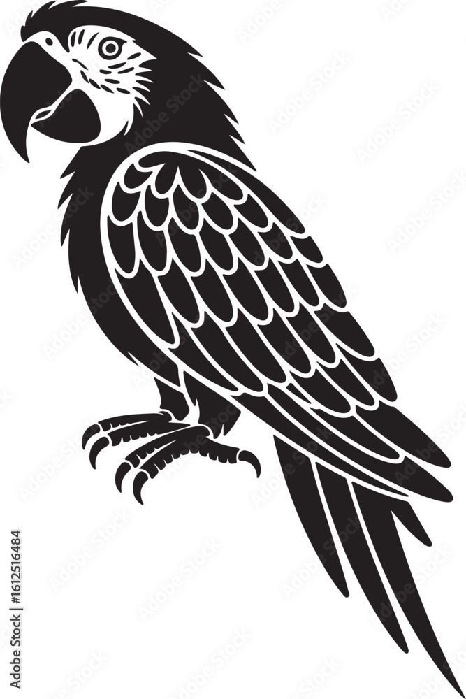 Fototapeta premium Vector Macaw Parrot Icon: Black and White Silhouette Sign, Elegant Bird Symbol
