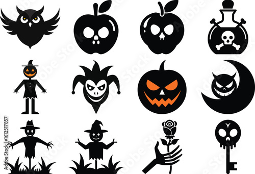 Vector art of spooky halloween icons featuring owls, pumpkins, scarecrows, and a devil moon isolated on transparent background