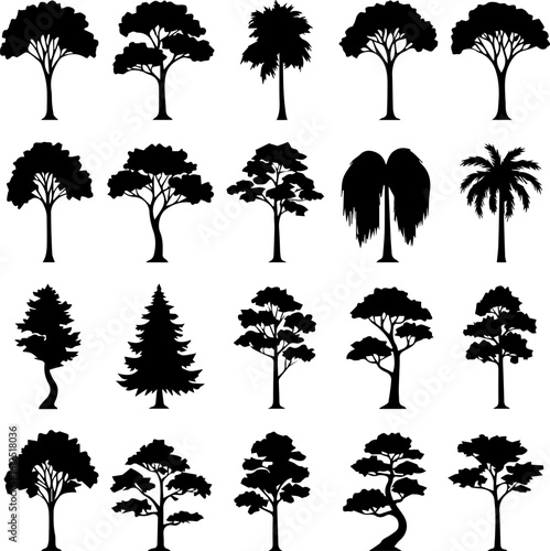 Collection of twenty stylized tree silhouettes in black, showcasing various shapes, sizes, and species, including deciduous and coniferous types.