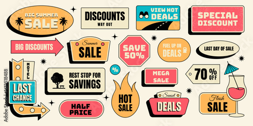 Retro summer sale sticker set with promo quotes, motel signs, discount labels, tropical drinks, arrows, bold promo icons and more elements. Vector illustration isolated in vintage colorful style
