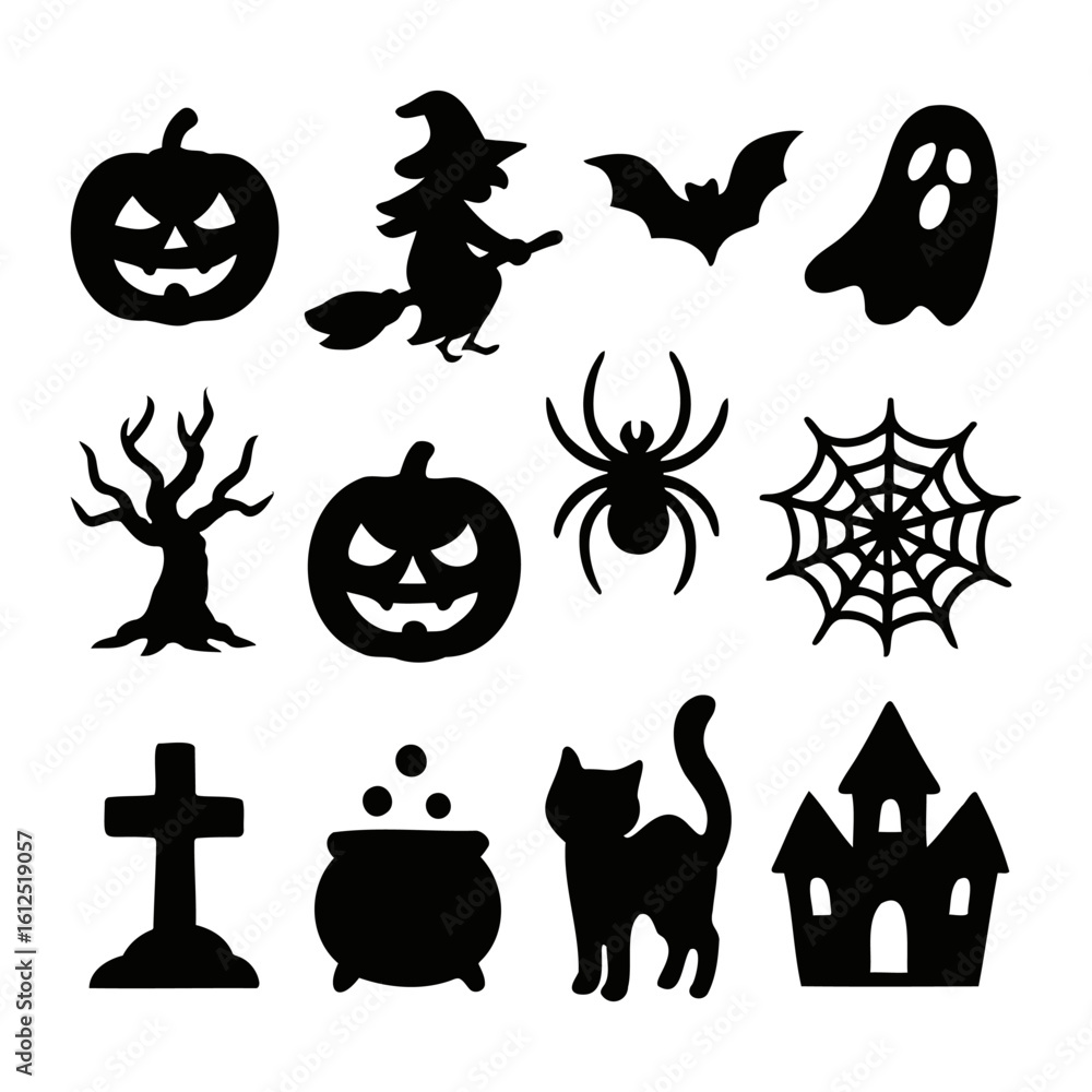 Obraz premium Vector art of halloween icons collection pumpkin, witch, bat, ghost, tree, spider, cat