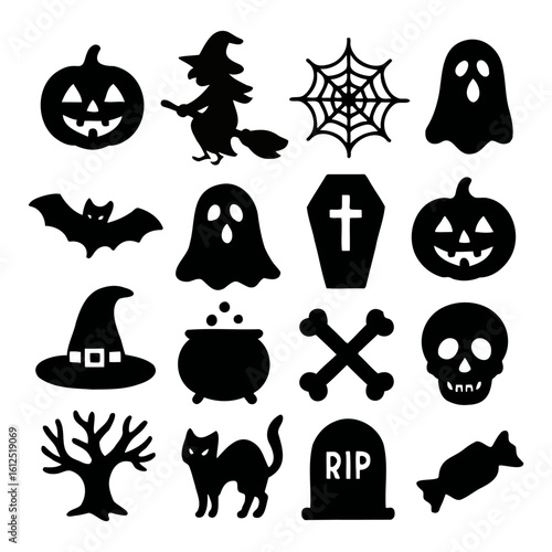 Vector art of a collection of black halloween icons on a white background