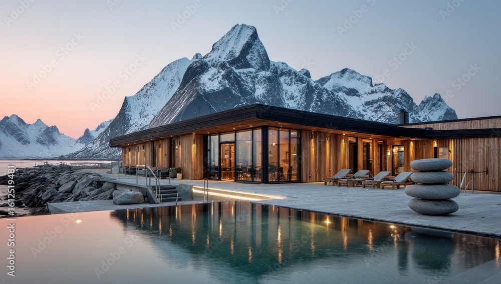 Fototapeta premium Serene hotel overlooking mountain range