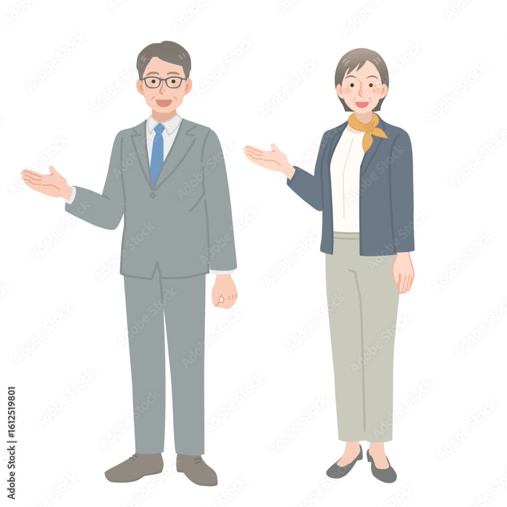 案内をする中年ビジネスマンの男女 案内をする中年ビジネスマンの男女