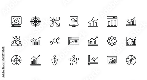 Line editable icon set of business and finance icons representing analytics and growth line icon set