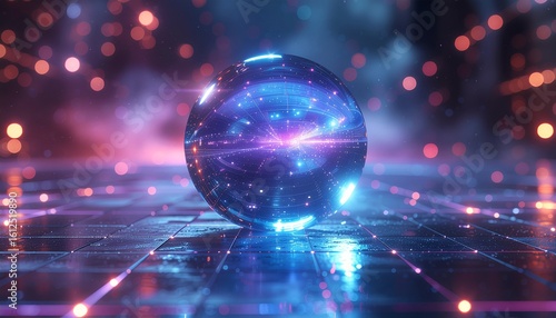 輝く未来：サイバーパンク風の抽象的な球体とネオンライトの幻想的な風景、Glowing Future　- A Cyberpunk Abstract Sphere and Neon Lights in a Dreamy Landscape