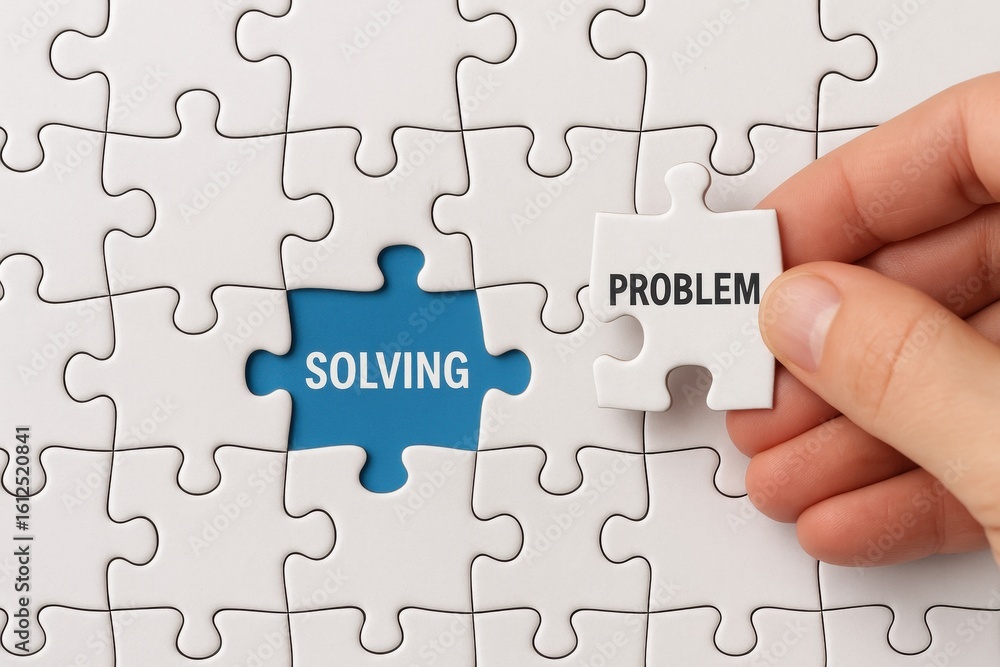 Problem Solving Puzzle: A hand delicately places the final piece into a jigsaw puzzle, symbolizing problem-solving and the achievement of a successful resolution. Problem Solving Puzzle: A hand delicately places the final piece into a jigsaw puzzle, symbolizing problem-solving and the achievement of a successful resolution.