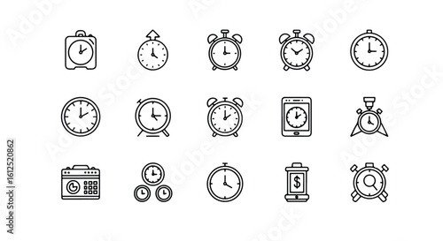 Line editable icon set of various alarm clocks and timekeeping icons line icon set
