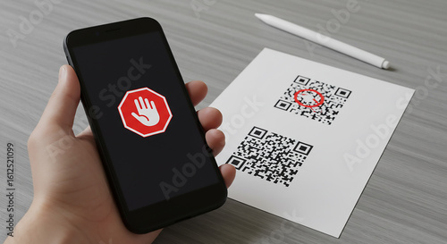 Smartphone displaying stop hand signal with QR codes on paper, representing security concerns and fraud prevention.