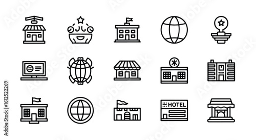 Line editable icon set of building and travel icons including hotels, schools, and globes line icon set