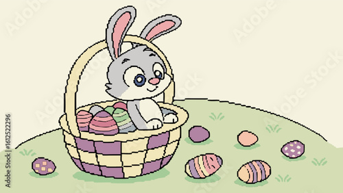 Cute easter bunny in basket with easter eggs vector illustration for easter celebration design