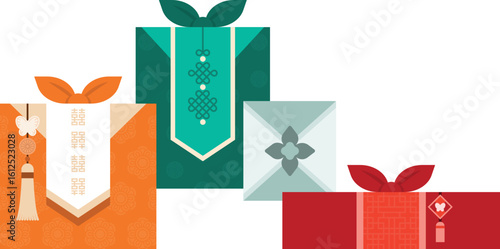 Set of Chuseok gift boxes with traditional Korean wrapping. Ideal for holiday promotions, seasonal banners, or packaging visuals.